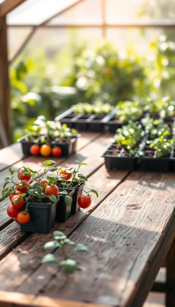 A sun-dappled garden table, weathered and worn, serves as the stage for a delicate dance of hardening off seedlings. In the foreground, a cluster of young plants - tomatoes, peppers, and leafy greens - sit in small containers, their tender leaves gently rustling in the gentle breeze. The middle ground reveals a graduated series of trays, each exposing the seedlings to incrementally longer periods of outdoor light and air, mimicking the natural transition from greenhouse to garden. The background softly blurs, hinting at lush greenery and the promise of the full-fledged plants to come. Soft, diffused light filters through the scene, casting a warm, nurturing glow and emphasizing the careful, deliberate process of hardening off these delicate seedlings.