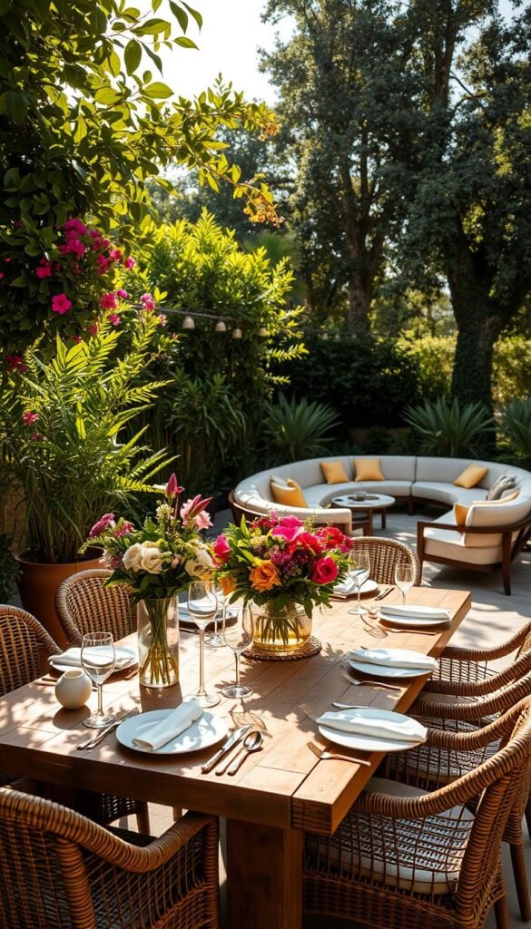 A sun-dappled outdoor dining area, surrounded by lush greenery and bursting with vibrant floral arrangements. A rustic wooden table is adorned with elegant place settings, complemented by stylish rattan chairs. Warm, ambient lighting casts a soft glow, creating an inviting and intimate atmosphere. In the background, a lounge area features plush, modern sofas and armchairs, beckoning guests to relax and enjoy the serene setting. The clean lines and natural materials blend seamlessly with the verdant landscape, offering a harmonious and visually stunning scene for alfresco entertaining.