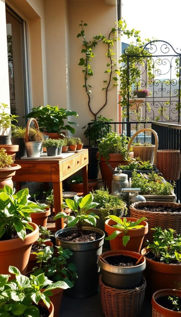 A sun-drenched balcony adorned with an assortment of expertly chosen containers for a thriving urban garden. In the foreground, a mix of terracotta pots, sleek metal planters, and wicker baskets overflow with lush leafy greens and vibrant vegetables. The middle ground showcases a wooden potting bench adorned with gardening tools, soil, and seedlings, inviting the viewer to imagine their own hands getting dirty. In the background, a wrought-iron trellis casts delicate shadows, hinting at the climbing vines and trailing flowers that will soon adorn the space. Warm natural lighting filters through the scene, creating a sense of tranquility and the promise of a bountiful harvest.