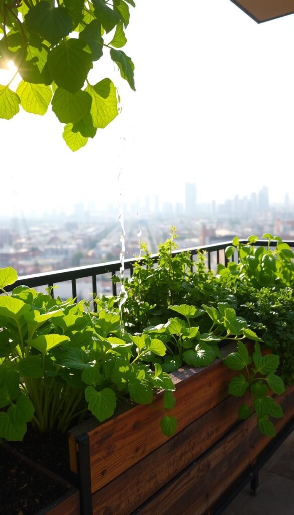 A sun-drenched balcony garden, the soil rich and moist, as water gently cascades over lush greenery. In the foreground, an array of thriving vegetable plants bask in the warm, golden light, their leaves rustling softly. In the middle ground, a rustic wooden planter box overflows with vibrant herbs and leafy greens, their verdant hues contrasting against the weathered wood. In the background, a serene urban skyline provides a captivating backdrop, the city's bustle fading into the distance. The scene exudes a sense of tranquility and abundance, inviting the viewer to imagine the joy of tending to this oasis of life and nourishment.