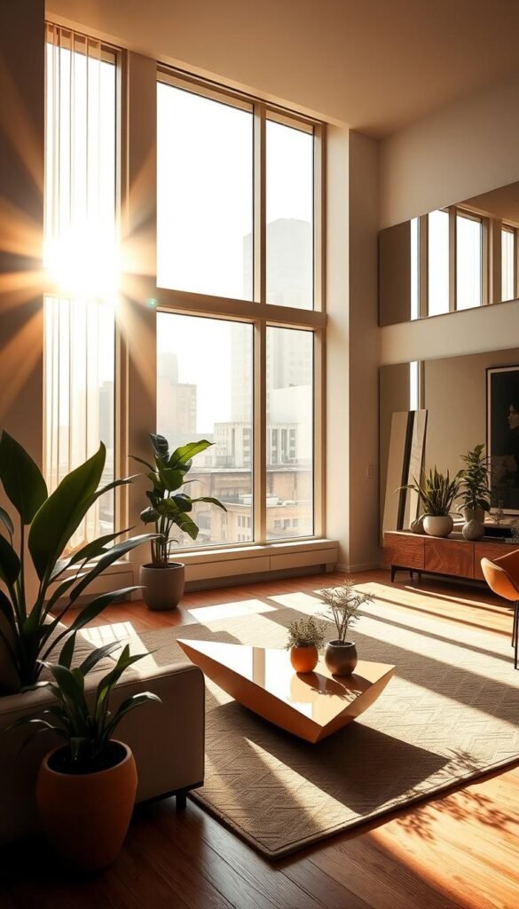 A sun-drenched urban interior, bathed in warm, diffused daylight streaming through large windows. A spacious, minimalist living room with clean lines and natural materials like wood and stone. Soft shadows cast by potted plants and a sleek, angular coffee table. Carefully placed mirrors and light-colored walls amplify the luminosity, creating an airy, open atmosphere. The room's layout is designed to maximize natural illumination, with thoughtful placement of furniture and strategic window placement. A sense of tranquility and balance pervades the scene, offering respite from the bustling city outside.
