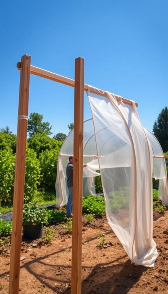 A sunlit DIY hoop house construction project, showcasing the step-by-step process. In the foreground, a wooden frame stands tall, with curved PVC pipes being carefully attached to form the hoop shape. The middle ground features gardeners meticulously draping clear plastic sheeting over the frame, creating a protective growing environment. In the background, lush green vegetation and a vibrant blue sky set the scene, conveying the idea of an extended growing season. The lighting is soft and natural, casting gentle shadows that accentuate the structure's form. The camera angle is slightly elevated, providing a comprehensive view of the hoop house assembly.