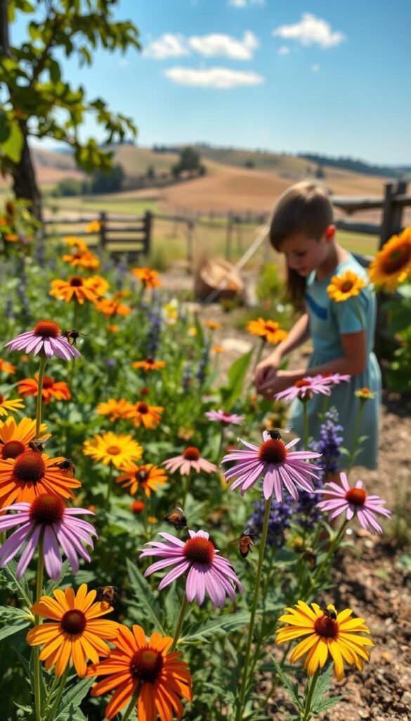 A sunlit, lush native pollinator garden in vibrant bloom. In the foreground, bees and butterflies flit among colorful wildflowers - purple coneflowers, orange milkweed, and golden sunflowers. The middle ground showcases a young gardener tending to the plants, gently weeding and adding organic mulch. The background reveals a picturesque rural landscape, with rolling hills, a clear blue sky, and a rustic wooden fence. Soft, warm lighting bathes the scene, creating a serene, inviting atmosphere. Captured with a wide-angle lens, the image emphasizes the harmony between the human caretaker and the thriving pollinator habitat.