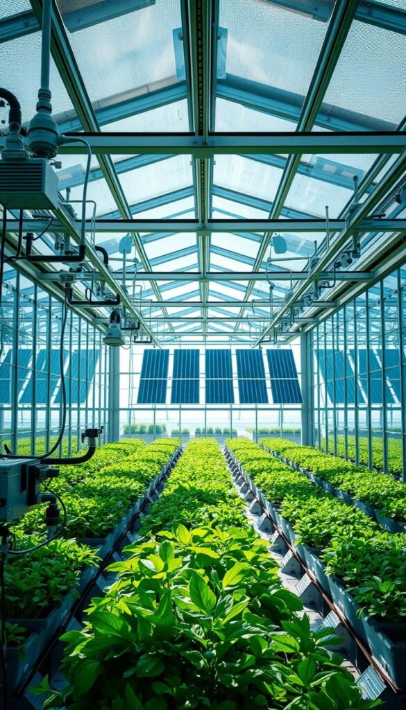 A technologically-advanced greenhouse, illuminated by natural sunlight filtering through glass panes. In the foreground, an array of high-tech accessories, including automated climate control systems, hydroponics rigs, and precision irrigation devices. The mid-ground features neatly arranged planting beds, brimming with lush, vibrant foliage. In the background, a panoramic view of the greenhouse's sleek, modern structure, with strategically placed solar panels harnessing renewable energy. The overall atmosphere exudes a sense of efficiency, innovation, and a harmonious fusion of nature and technology.