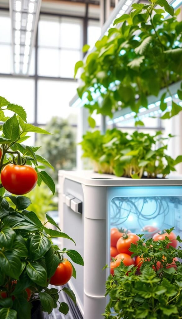 A technologically advanced hydroponic garden system, with lush, verdant plants thriving under a precisely calibrated array of LED grow lights. The foreground showcases plump, healthy tomatoes, leafy greens, and fragrant herbs, their leaves glistening with nutrient-rich water. In the middle ground, a sleek, modular hydroponic unit with clean, minimalist design, its transparent reservoir revealing the intricate root systems of the plants. The background features a bright, airy space with large windows, allowing natural light to complement the artificial illumination, creating a balanced, optimal growing environment. The overall scene conveys a sense of efficiency, sustainability, and the boundless potential of small-space hydroponic gardening.