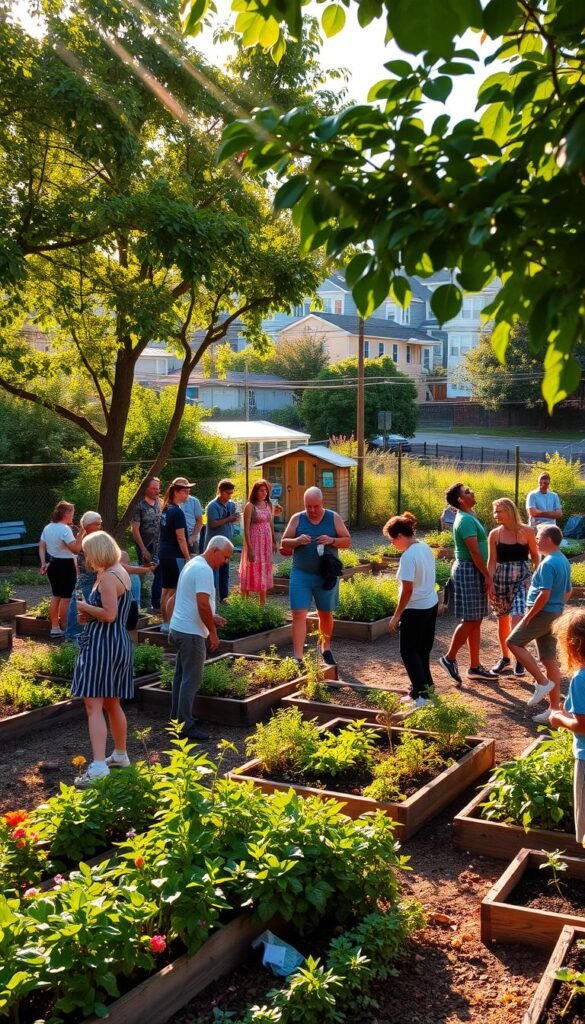A thriving community garden surrounded by lush greenery, with a group of diverse individuals tending to raised garden beds and flowering plants. Warm afternoon sunlight filters through the trees, casting a golden glow over the scene. In the foreground, people of all ages are engaged in various gardening activities - planting seedlings, watering vegetables, and sharing laughter. In the middle ground, a communal gathering area with benches and a small shed for storage and tools. The background features a blend of residential buildings and vibrant urban landscapes, highlighting the integration of nature and community within the city.