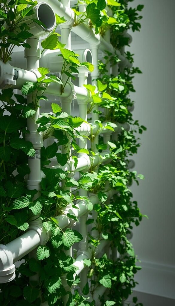 A towering vertical hydroponic garden system, showcasing lush, verdant leafy greens and herbs thriving in a clean, modern arrangement of interconnected PVC pipes. The foreground depicts the meticulously crafted structure, with carefully spaced openings for plant growth, illuminated by soft, natural lighting filtering through the leaves. The middle ground highlights the vibrant, healthy plants, their leaves gently swaying as if animated by a gentle breeze. The background subtly fades into a minimalist, monochromatic setting, emphasizing the sculptural qualities of the hydroponic system. The overall scene conveys a sense of urban sustainability, efficiency, and the beauty of self-contained, space-saving food production.
