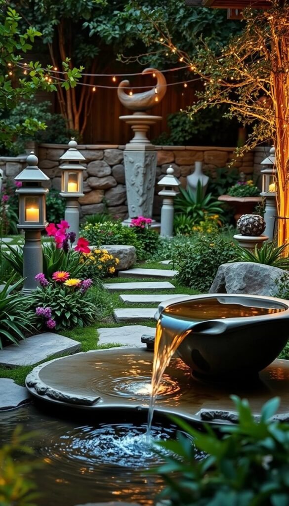 A tranquil garden oasis with a serene water feature and captivating lighting. In the foreground, a contemporary water fountain cascades over smooth stone, surrounded by lush greenery and colorful flowers. The middle ground showcases elegant stone lanterns and sculptural garden art, casting a warm glow across the scene. In the background, a low stone wall frames the space, with delicate string lights intertwined through the foliage, creating a magical ambiance. The overall composition exudes a sense of harmony, inviting the viewer to experience the beauty and functionality of a well-designed small backyard garden.