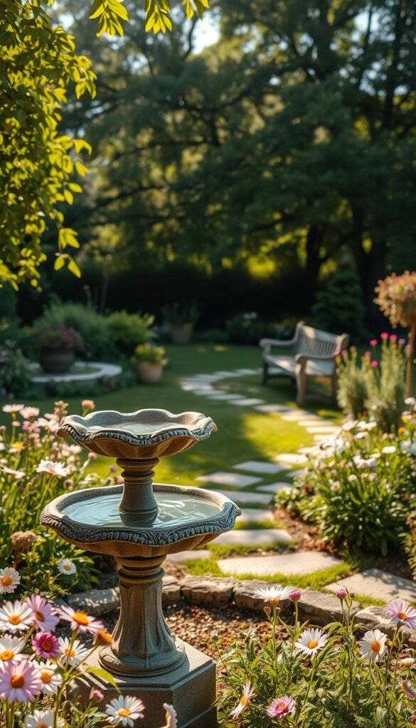 A tranquil garden scene, bathed in warm, golden light filtering through lush foliage. In the foreground, an ornate stone birdbath overflows with crystal-clear water, surrounded by a vibrant array of blooming wildflowers in soft pastel hues. In the middle ground, a gently winding stone path leads the eye towards a rustic wooden bench, offering a serene spot to pause and reflect. In the background, a verdant canopy of towering trees frames the scene, casting playful shadows across the serene landscape. The overall atmosphere evokes a sense of peaceful contemplation, inspiring the viewer to slow down and find solace in the beauty of the natural world.