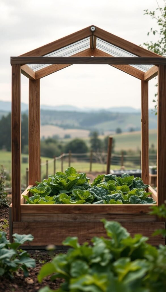 A tranquil garden scene showcasing a well-designed cold frame structure in the foreground. The frame features a sturdy wooden frame and a transparent glass or plastic lid, allowing ample sunlight to filter through. Lush green leafy vegetables, such as lettuce and kale, thrive within the protected environment. The background depicts a peaceful rural landscape, with rolling hills and a soft, overcast sky creating a muted, atmospheric lighting. The cold frame is positioned to maximize sun exposure, and its design blends seamlessly with the natural surroundings. A sense of serenity and the promise of an extended growing season permeate the scene.