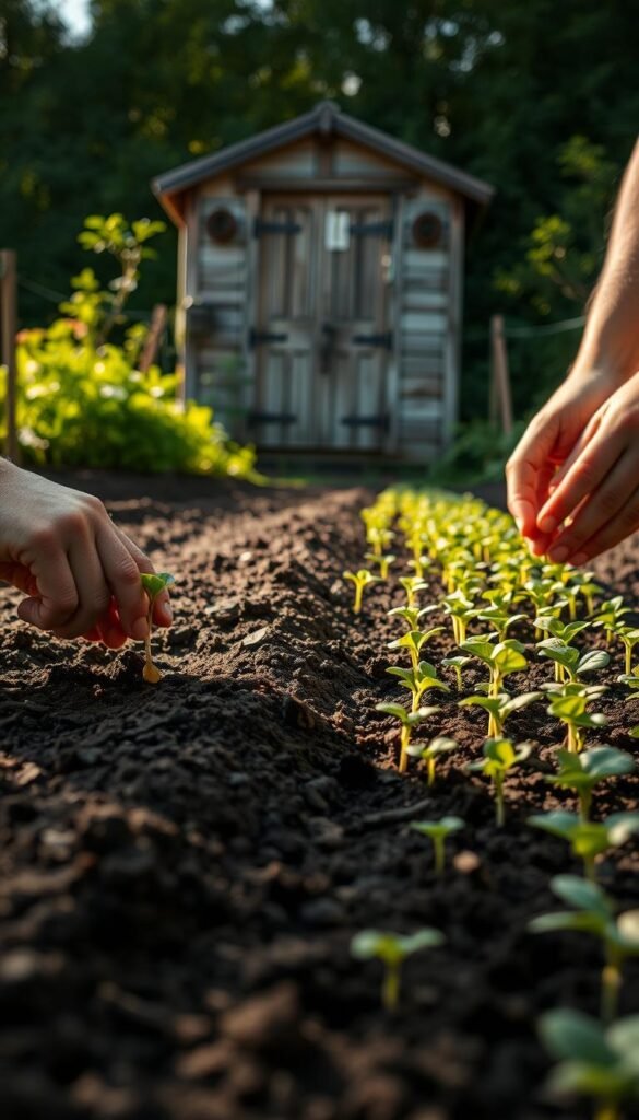 A verdant garden scene, fresh soil tilled and ready for planting. In the foreground, hands carefully place heirloom seeds into the earth, fingers caressing the delicate seedlings. Mid-ground, rows of young sprouts emerge, their leaves unfurling towards the sun. In the background, a weathered shed casts a warm, golden glow, illuminating the process of nurturing new life. Soft, diffused lighting bathes the entire composition, creating an intimate, contemplative atmosphere. The scene evokes a sense of quiet productivity, the joy of watching nature flourish under the gardener's attentive care.