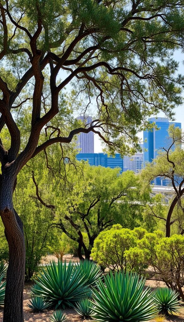 A verdant urban landscape featuring drought-tolerant trees against a backdrop of modern architecture. In the foreground, a mix of mature mesquite, Texas redbud, and desert willow with gnarled trunks and lush, silvery-green foliage. Sunlight filters through the canopy, casting intricate patterns of light and shadow. In the middle ground, clusters of desert-adapted agave and yucca plants add textural contrast. The background showcases sleek high-rise buildings and bridges, creating a harmonious blend of nature and cityscape. The overall scene conveys a sense of resilience and environmental harmony within a thriving metropolitan setting.