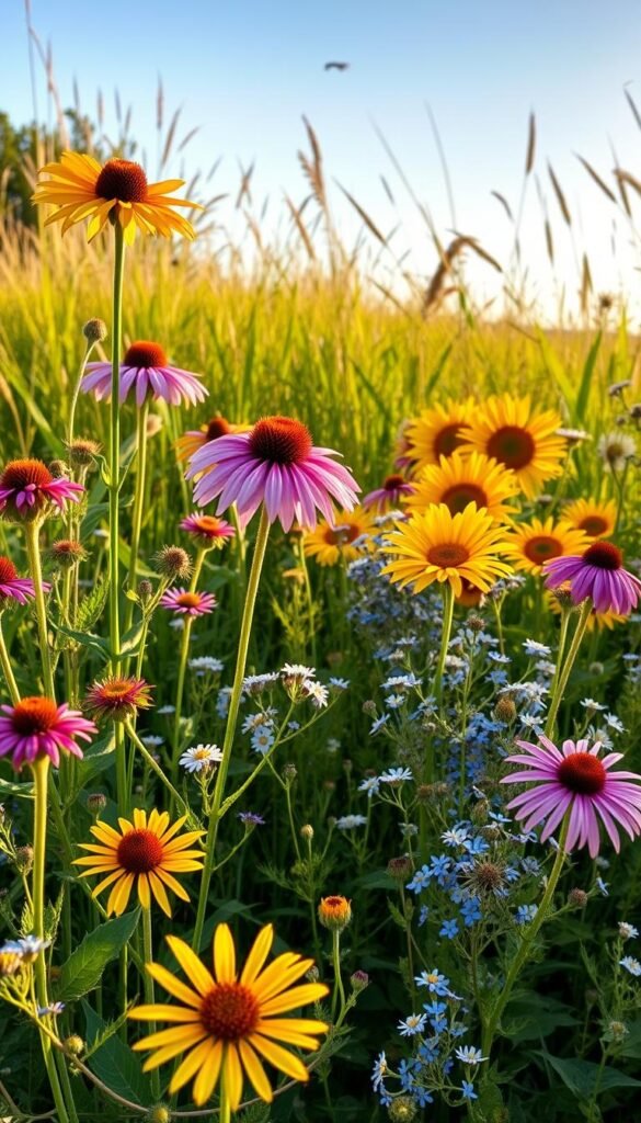 A vibrant array of native pollinator-friendly flowers in bloom, bathed in warm, golden afternoon light. In the foreground, a lush tapestry of purple coneflowers, pink milkweed, and yellow sunflowers sway gently in a light breeze. In the middle ground, clusters of delicate blue forget-me-nots and white yarrow intermingle, creating a diverse and inviting nectar source for a variety of pollinators. The background features a verdant backdrop of native grasses and wildflowers, setting the scene for a thriving pollinator haven. Captured with a wide-angle lens to showcase the bountiful, colorful display, this image evokes the beauty and importance of planting native, pollinator-friendly flowers.