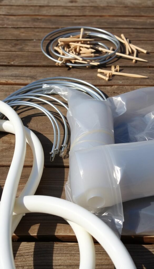 A vibrant assortment of materials for constructing hoop houses and row covers lies arranged on a weathered wooden surface. In the foreground, a bundle of flexible PVC pipes, their smooth curves suggesting the arched shapes of the hoop frames. Beside them, a roll of sturdy, semi-transparent plastic sheeting, the material that will form the protective covering. In the middle ground, a collection of metal hoops and connectors, the structural elements that will support the plastic and create the hoop house framework. In the background, a scatter of wooden stakes and clips, the tools needed to secure the covering and anchor the structure to the ground. The lighting is soft and natural, casting gentle shadows that emphasize the textures and forms of the materials. The overall scene conveys a sense of preparation and anticipation, the necessary components for extending the growing season through the use of hoop houses and row covers.