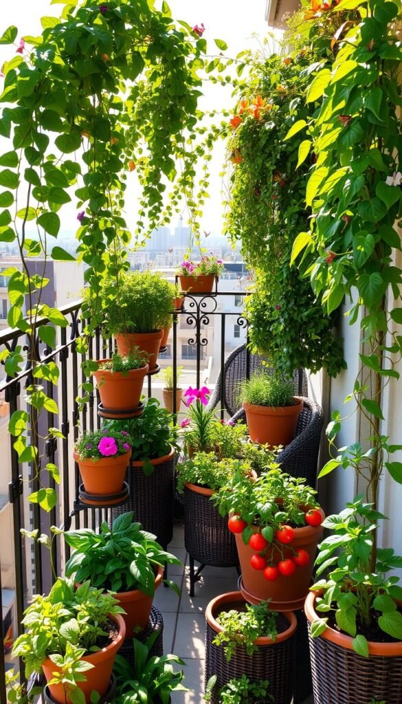 A vibrant balcony garden filled with lush grow bags, overflowing with verdant foliage and bountiful produce. Sunlight filters through the gentle breeze, casting a warm glow on the terracotta pots and wicker furniture. Cascading vines trail along the wrought-iron railing, interspersed with colorful flowers that attract a flurry of butterflies. In the foreground, a selection of thriving grow bags brimming with leafy greens, tomatoes, and fragrant herbs. The middle ground showcases a cozy seating area, inviting the viewer to pause and admire the urban oasis. In the background, the cityscape fades into a soft haze, highlighting the balcony's tranquil escape from the bustling streets below.