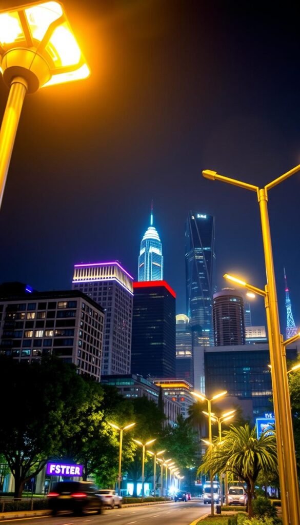 A vibrant cityscape illuminated by innovative urban lighting solutions. In the foreground, sleek, modern streetlamps cast a warm, inviting glow, highlighting the clean lines of the architecture. In the middle ground, buildings stand tall, their facades accentuated by strategically placed accent lighting, creating a sense of depth and visual interest. In the background, a skyline of skyscrapers is bathed in a subtle, ambient light, creating a harmonious blend of natural and artificial illumination. The scene conveys a sense of efficiency, sustainability, and a city that embraces the integration of lighting and urban planning to create a captivating and inviting nighttime atmosphere.