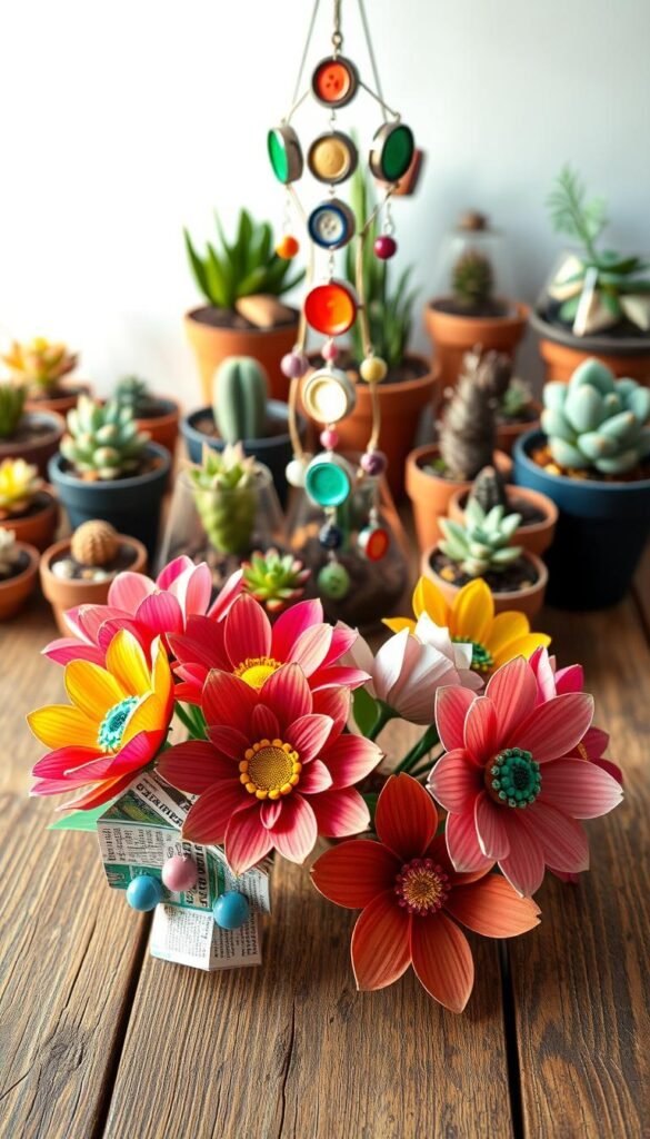 A vibrant collection of whimsical flower crafts made from recycled materials, arranged on a rustic wooden tabletop. In the foreground, a bouquet of paper flowers in cheerful hues created from magazine pages and cardboard. In the middle ground, a hanging mobile featuring recycled bottle caps, buttons, and beads. The background showcases an array of potted succulents and terrariums, their geometric forms complementing the organic shapes of the crafted flowers. Warm, soft lighting illuminates the scene, casting gentle shadows and highlighting the textures of the upcycled materials. The overall atmosphere evokes a sense of playful creativity and environmental consciousness.