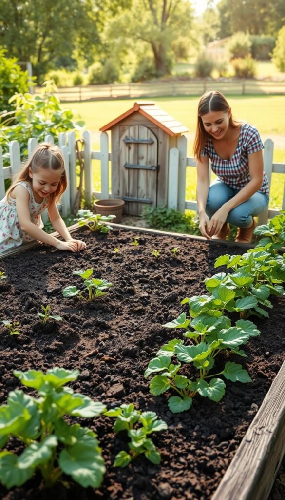 A vibrant family garden scene with a warm, inviting atmosphere. In the foreground, a young girl and her parents tend to thriving vegetable plots, their hands immersed in the rich, dark soil as they plant seeds and tend to growing plants. The middle ground features a small garden shed, its weathered wooden exterior complementing the lush greenery around it. In the background, a picket fence frames the scene, with a verdant lawn leading the eye towards a distant, sun-dappled tree line. The lighting is soft and natural, casting gentle shadows and highlighting the joyful expressions of the family as they discover the wonders of gardening together.