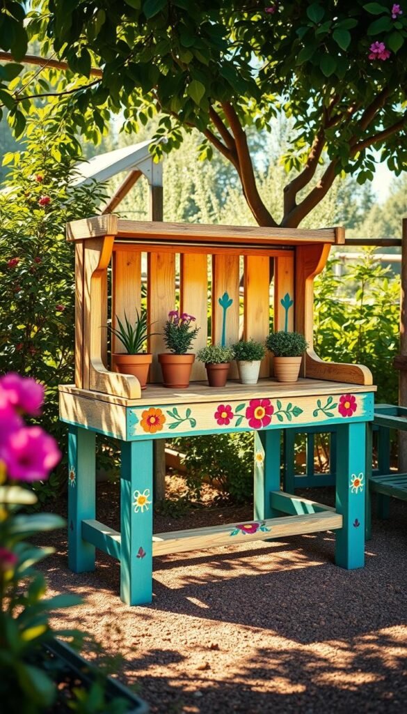 A vibrant, freshly repainted potting bench stands in a sunlit garden, its intricate floral designs and bold colors creating a delightful focal point. The smooth, weathered wood contrasts beautifully with the lush foliage surrounding it, inviting a closer look. Soft shadows cast by the overhead canopy add depth and dimension, while the warm, golden lighting enhances the bench's textural details. The scene exudes a whimsical, lighthearted atmosphere, perfectly suited for a gardener's creative projects and leisurely moments.