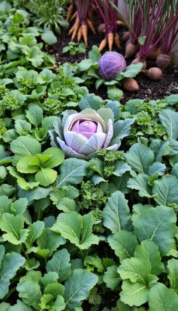 A vibrant garden bed filled with an assortment of lush, cold-tolerant crops. In the foreground, a variety of leafy greens such as kale, spinach, and arugula thrive under soft, diffused natural light. In the middle ground, clusters of plump, purple-tinged cabbage and cauliflower heads nestle amidst the verdant foliage. The background features sturdy, rust-colored root vegetables like carrots and beets, their tops peeking out from the rich, earthy soil. The overall scene conveys a sense of abundant, resilient growth, perfectly suited for the challenges of cold-frame gardening.