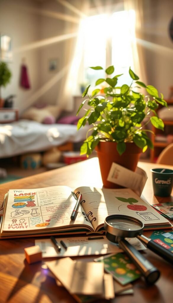A vibrant garden journal filled with whimsical sketches, colorful stickers, and handwritten notes lies open on a wooden table. Sunlight streams through a nearby window, casting a warm glow over the scene. In the foreground, an array of gardening tools, seed packets, and a magnifying glass are artfully arranged, inviting young explorers to dive into the world of plant discovery. The middle ground features a lush potted plant, its leaves rustling gently. In the background, glimpses of a child's bedroom or playroom provide a cozy, familiar backdrop, hinting at the personal nature of this budding gardener's journal.