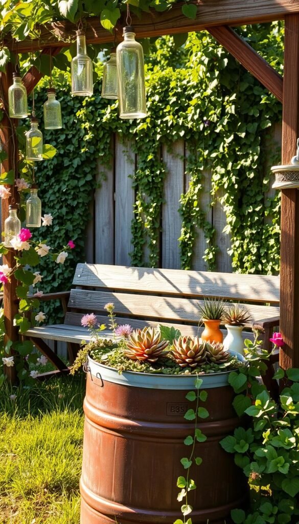 A vibrant garden oasis, adorned with upcycled treasures. In the foreground, a repurposed metal barrel overflows with cascading vines and blooming flowers. Hanging from nearby trellises, vintage glass bottles and jars catch the warm afternoon sunlight, casting mesmerizing patterns on the lush greenery. In the middle ground, a weathered wooden bench serves as a canvas for whimsical succulent planters, crafted from salvaged materials. The background showcases a rustic fence entwined with delicate ivy, framing the scene with a sense of timeless charm. The overall atmosphere is one of eco-conscious creativity, where everyday objects find new life as captivating garden decor.