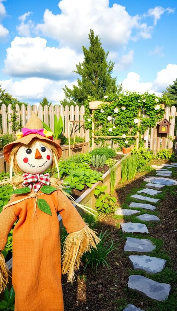 A vibrant garden playground with whimsical, kid-friendly projects come to life. In the foreground, a playful scarecrow made of straw and fabric, adorned with a quirky expression and colorful accessories. In the middle ground, a raised garden bed overflows with diverse, lush greenery - leafy vegetables, cheerful flowers, and a trellis supporting climbing vines. Trailing alongside, a meandering path invites exploration, lined with stepping stones and interactive nature-based elements like a miniature water feature and a birdhouse. The background frames the scene with a picturesque fence entwined with flowering vines, and a bright, sunny sky with fluffy clouds. The overall mood is one of creativity, discovery, and connection with the natural world.