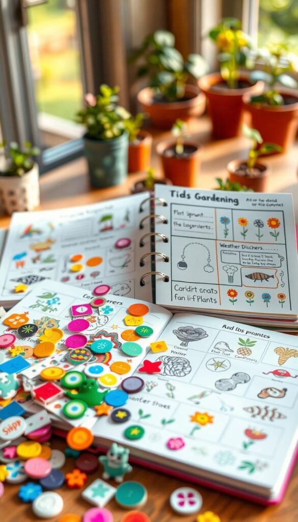A vibrant kids gardening journal layout, captured in a warm, natural light. In the foreground, a colorful array of stickers, stamps, and decorative elements spill across the open journal pages, inviting hands-on exploration. The middle ground features carefully organized sections for tracking plant growth, weather observations, and nature discoveries, with playful illustrations of flowers, insects, and small animals. The background suggests a cozy, earthy atmosphere, with a wooden tabletop, potted plants, and a soft, blurred garden landscape visible through a window. The overall composition conveys a sense of wonder, curiosity, and the joy of nurturing a living garden.