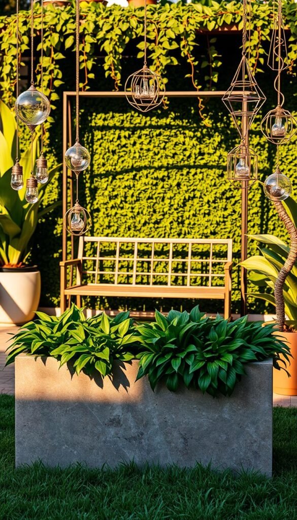 A vibrant, modern garden oasis featuring an array of carefully curated decor elements. In the foreground, a sleek, minimalist planter box overflows with lush greenery, its clean lines accentuated by a natural stone finish. Surrounding it, an assortment of sculptural wind chimes and hanging geometric terrariums catch the light, casting mesmerizing shadows. In the middle ground, a modern garden bench, its weathered wood and metal frame blending seamlessly with the verdant backdrop. Behind it, a geometric trellis supports a cascading vine, its delicate tendrils framing the scene. The entire composition is bathed in warm, golden lighting, evoking a serene and inviting atmosphere.