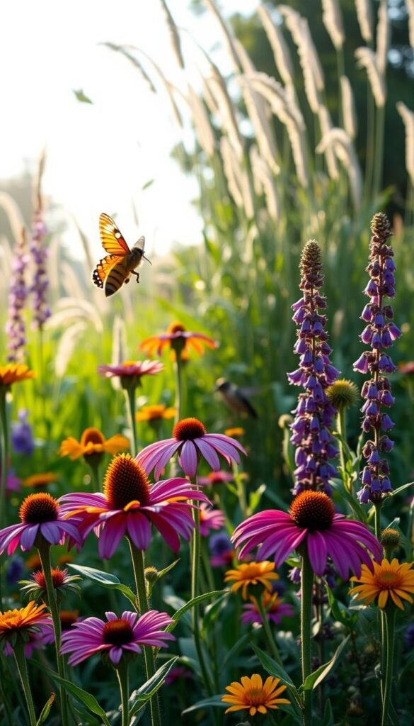 A vibrant native plant garden in soft morning light, showcasing the symbiotic relationship between pollinators and local flora. In the foreground, a variety of colorful wildflowers - coneflowers, milkweed, and native bee balm - beckon to a hovering honeybee, its wings a blur. In the middle ground, a monarch butterfly gracefully alights on a milkweed bloom, while in the background, a hummingbird hovers near a stand of tall, swaying native grasses. The scene exudes a sense of natural harmony, inviting the viewer to appreciate the interdependence of these vital elements of a healthy, biodiverse ecosystem.