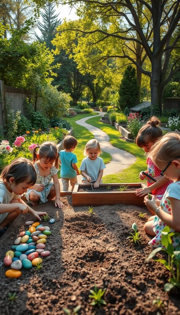 A vibrant outdoor scene capturing the essence of a multidisciplinary garden. In the foreground, children engaged in various educational activities - a young learner counting colorful garden stones, another tracing letters in the dirt with a stick, and a group observing insects under a magnifying glass. In the middle ground, a teacher guides them, demonstrating how to plant seedlings and water the raised garden beds. The background features a lush, verdant garden with blooming flowers, towering trees, and a winding path that invites exploration. Warm sunlight filters through the canopy, casting a gentle glow over the engaging scene. The overall atmosphere is one of discovery, curiosity, and the joyful integration of learning through hands-on interaction with the natural world.