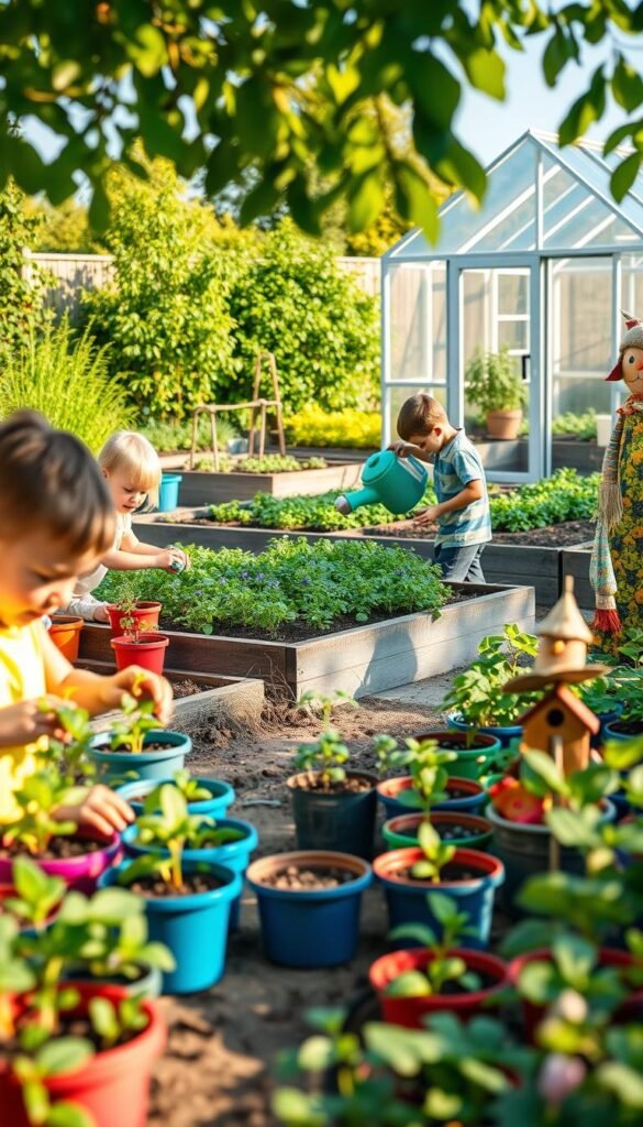 A vibrant outdoor scene showcasing a range of engaging gardening projects for children. In the foreground, a group of kids enthusiastically plant seeds in colorful pots, their faces lit by the warm, golden sunlight. In the middle ground, a child waters a flourishing vegetable garden, surrounded by neatly arranged raised beds. Further back, a greenhouse stands tall, its glass panels reflecting the blue sky above. The lush, green foliage frames the scene, creating a sense of natural harmony. A whimsical birdhouse and a playful scarecrow add delightful accents, inviting children to explore and discover the wonders of the changing seasons in the garden.