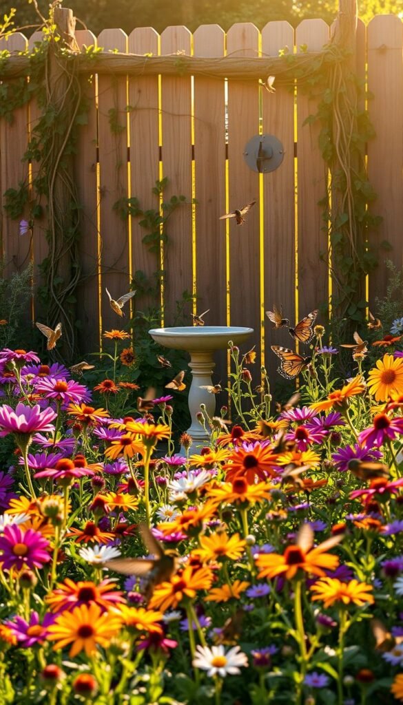 A vibrant pollinator garden in full bloom, bathed in warm, golden afternoon sunlight. In the foreground, a lush assortment of native flowers attract a diverse array of bees, butterflies, and hummingbirds, their wings fluttering and colors dancing. In the middle ground, a birdbath and a natural trellis covered in climbing vines create a sense of depth and enclosure. The background features a picturesque wooden fence entwined with trailing vines, framing the scene and conveying a sense of tranquility and harmony. The overall composition evokes the abundance and vitality of a thriving pollinator-friendly habitat.