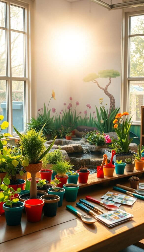 A vibrant preschool garden station filled with natural wonders, bathed in warm, golden sunlight streaming through large windows. In the foreground, a wooden table displays a variety of colorful pots, trowels, and seed packets, inviting young hands to explore and discover. In the middle ground, lush greenery and blooming flowers create a serene, inviting atmosphere, while a small water feature gently bubbles, captivating young minds. The background showcases a mural depicting a whimsical garden scene, further enhancing the imaginative and educational setting. Soft, diffused lighting casts a cozy, welcoming glow, fostering a sense of wonder and curiosity in the hearts of the preschoolers.