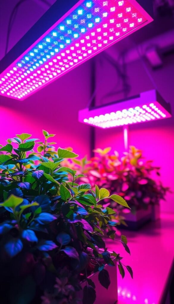 A vibrant red and blue LED light spectrum casting a balanced glow across a sleek, modern hydroponics setup. The foreground features a lush, verdant indoor garden of leafy greens and herbs thriving under the precise light conditions. Crisp shadows and highlights accentuate the textural details of the plants, while the middle ground showcases the sophisticated LED grow light fixtures mounted overhead, their individual diodes emanating a harmonious blend of crimson and azure illumination. The background is softly blurred, allowing the viewer to focus on the captivating interplay of colors that optimizes plant growth for an indoor hydroponic system.