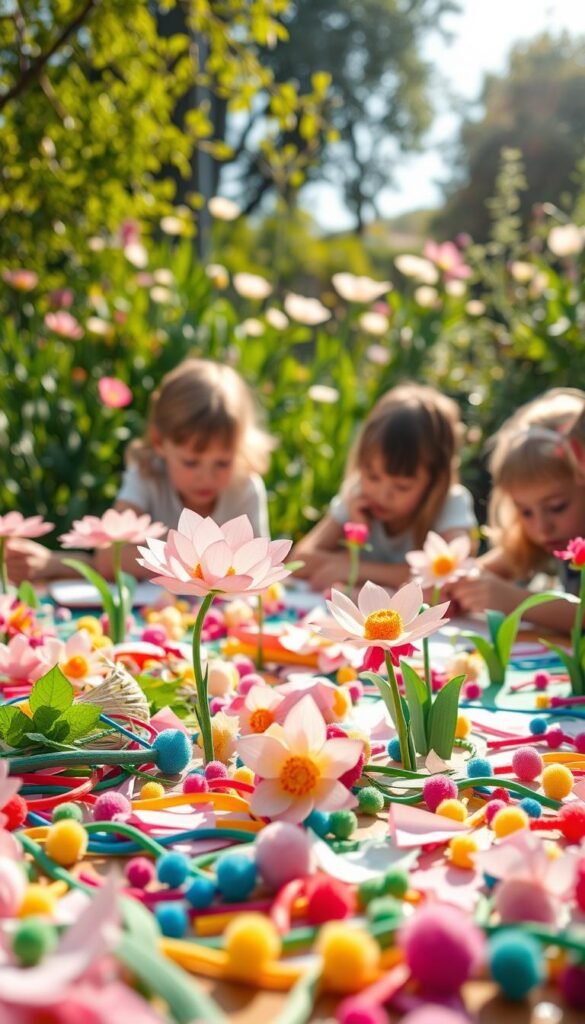 A vibrant springtime scene bursting with whimsical flower crafts for children. In the foreground, a table overflows with a colorful assortment of paper, pipe cleaners, pom-poms, and other craft supplies. Delicate paper blooms in pastel hues take shape as young hands work diligently. In the middle ground, curious children lean in, eyes focused, exploring their creativity. The background showcases a lush, sunlit garden filled with budding flowers and greenery, casting a warm, natural glow. Soft, diffused lighting highlights the tactile, handmade quality of the projects. Captured with a wide-angle lens to convey a sense of joyful, hands-on exploration and connection with the natural world.