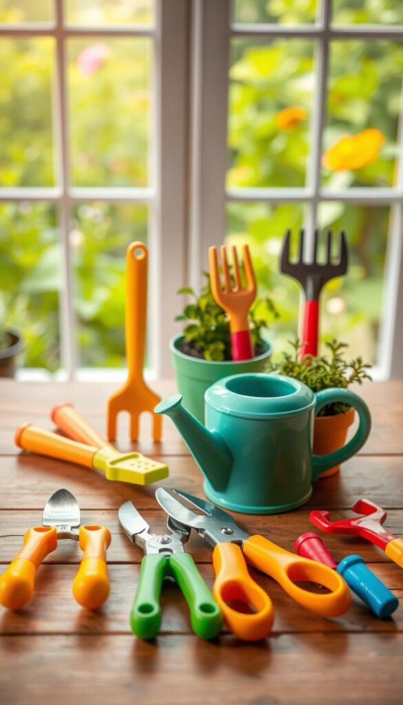 A vibrant still life of a variety of colorful, kid-sized gardening tools arranged on a wooden table. In the foreground, a small trowel, pruners, and a watering can in cheerful primary colors. In the middle ground, a child-friendly hand fork and a miniature rake sit next to a small potted plant. The background features a lush green garden scene visible through a window, bathed in warm, natural lighting. The overall composition conveys a sense of youthful enthusiasm and an inviting, accessible approach to gardening.