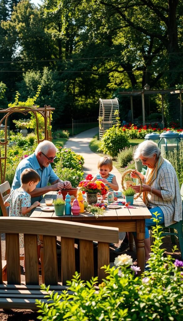 A vibrant, sun-dappled family garden scene, with a cozy wooden bench in the foreground. Three generations gather around a large, rustic table, crafting colorful garden decorations - clay figurines, painted flowerpots, and woven vine wreaths. The grandparents guide little hands, sharing their knowledge and laughter. In the lush backdrop, flowering vines climb trellises, and a meandering path leads to a thriving vegetable patch. Soft, natural lighting filters through the canopy of trees, casting a warm, inviting glow over the peaceful, familial tableau.