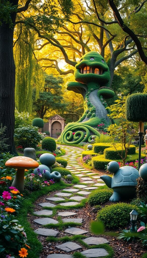 A vibrant, whimsical garden scene bursting with imagination and wonder, perfect for sparking a child's curiosity. In the foreground, a meandering path flanked by colorful flowers and playful garden sculptures - a giant mushroom, a stone turtle, and a winding topiary maze. The middle ground features a lush, verdant backdrop of towering trees and flowering vines, casting a warm, golden glow. In the distance, a intricate treehouse pokes through the foliage, its windows aglow with the enchantment within. The overall atmosphere is one of boundless creativity, inviting young adventurers to explore and discover the delights of the natural world. Soft, diffused lighting accentuates the dreamlike quality of the scene.
