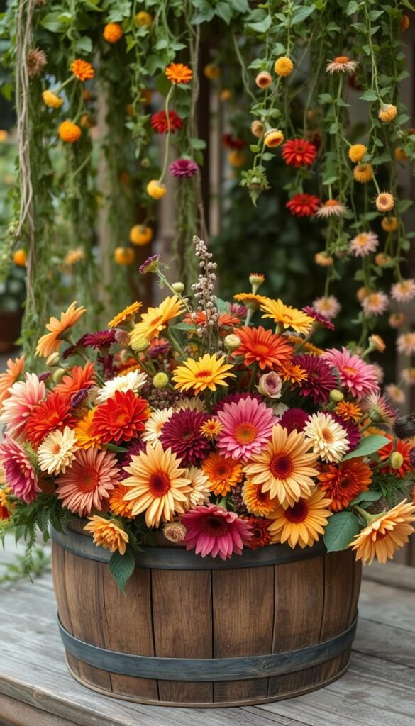 A vintage-inspired garden centerpiece overflowing with a lush assortment of seasonal blooms. In the foreground, an antique wooden crate or barrel filled with a harmonious mix of flowers like dahlias, marigolds, and zinnias in warm, earthy tones. The middle ground features trailing vines and greenery cascading over the edges, creating a romantic, overgrown aesthetic. Bathed in soft, natural lighting, the scene evokes a timeless, nostalgic ambiance. The composition is captured from a slightly elevated angle, emphasizing the artful arrangement and drawing the viewer's gaze to the captivating display.