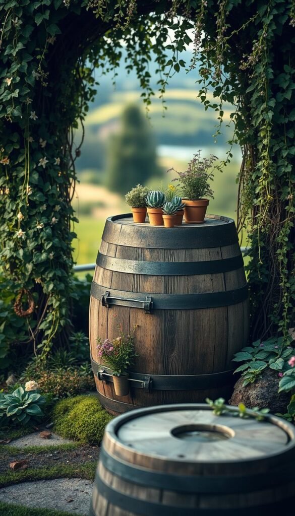 A vintage wooden barrel standing in a lush, overgrown garden, adorned with cascading vines, trailing flowers, and verdant moss. The barrel's weathered surface contrasts beautifully with the vibrant greenery surrounding it, creating a rustic, timeless charm. Soft, natural lighting filters through the foliage, casting a warm, golden glow across the scene. In the foreground, a collection of small potted plants and garden trinkets sit atop the barrel, adding a charming, eclectic touch. The background features a blurred, idyllic landscape, hinting at a tranquil, serene setting. The overall composition evokes a sense of nostalgia and a celebration of repurposed, reclaimed materials in a harmonious outdoor oasis.