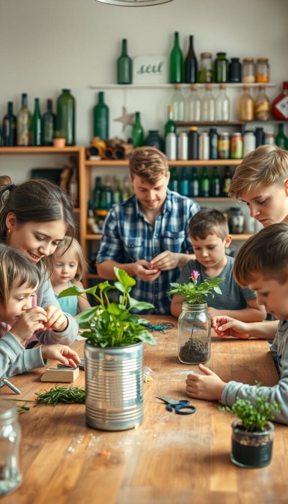 A warm, bright room with a large family gathered around a table, intently focused on crafting homemade planters from repurposed items. In the foreground, a mother and her young children carefully cut and assemble a planter from an old tin can, their faces alight with creativity. In the middle ground, a father and teenage son work side by side, transforming a discarded glass jar into a unique gardening container. The background features shelves of recycled materials - bottles, cans, jars, and more - waiting to be transformed into beautiful, sustainable containers for plants. The overall mood is one of family bonding, environmental consciousness, and the joy of making something beautiful from simple, everyday objects.