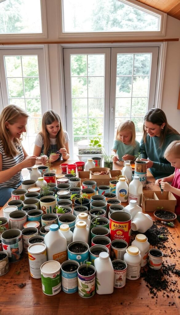 A warm, well-lit family room with a large window overlooking a lush garden. A wooden table in the foreground, covered in a variety of recycled containers - tin cans, milk jugs, empty cardboard boxes. Parents and children engaged in decorating and painting the containers, adding colorful designs and patterns. Piles of soil, seeds, and small potted plants scattered across the table, as the family collaborates to transform the discarded items into unique, personalized planters. The atmosphere is one of focused creativity and shared joy, with smiles and laughter as they craft their upcycled garden pieces together.