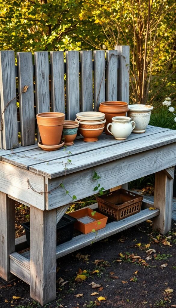 A weathered, rustic potting bench stands in a sunlit garden, its surface scarred by the passage of time. Wooden slats, weathered to a silvery gray, support a collection of ancient terracotta pots and chipped ceramic planters. Trailing vines and a scattering of fallen leaves add a touch of natural charm, while the warm glow of the afternoon sun filters through the surrounding foliage, casting a soft, nostalgic light across the scene. The worn, well-loved bench invites the viewer to imagine the countless gardening tales it has witnessed, hinting at the rich history and enduring spirit of the classic potting bench.
