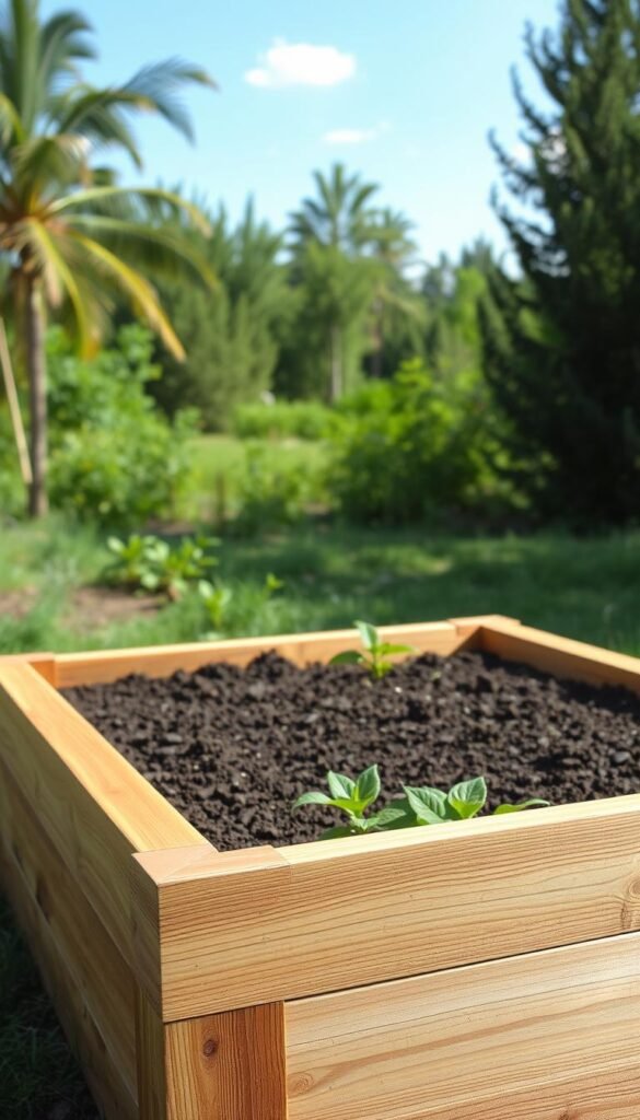 A well-constructed raised garden bed in a lush, natural setting. Foreground features sturdy wooden planks in a warm, earthy tone, precisely assembled into a rectangular frame. Middle ground showcases rich, dark soil ready for planting, with vibrant green foliage of leafy plants peeking out. In the background, a verdant landscape with a mix of tall, swaying trees and a clear, blue sky, creating a serene, tranquil atmosphere. The scene is illuminated by natural, soft lighting, lending a peaceful, inviting ambiance. Captured at a slightly elevated, angled perspective to showcase the careful craftsmanship and attention to detail in the raised bed construction.