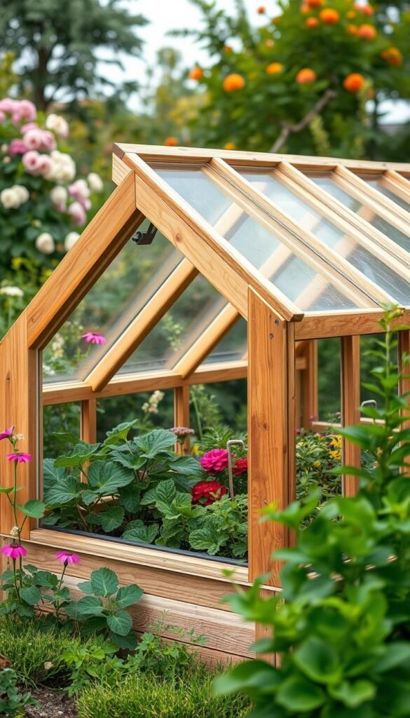 A well-crafted cold frame situated in a lush, verdant garden. The frame's sturdy wooden structure, with its angled glass panels, casts soft, diffused light onto the thriving plants within. The intricate details of the carefully selected materials, such as the weather-resistant wood, the tempered glass, and the insulating lining, are clearly visible. The composition emphasizes the harmonious integration of the cold frame into the natural surroundings, with a picturesque background of blooming flowers and lush foliage. The lighting is gentle, creating a serene and inviting atmosphere, perfectly capturing the essence of extending the growing season with this sustainable gardening solution.