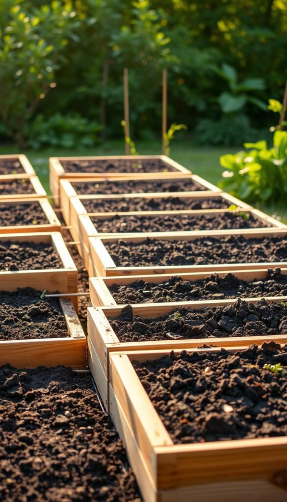 A well-crafted raised garden bed, its wooden frames neatly arranged in the foreground, filled with rich, dark soil ready to nurture a bountiful harvest. The beds are set against a backdrop of lush greenery, suggesting a thriving, meticulously tended backyard oasis. Warm, diffused natural light filters through, casting a gentle glow and creating captivating shadows that accentuate the textural details of the wood and soil. The image conveys a sense of order, productivity, and a harmonious integration of human-made and natural elements, perfectly encapsulating the essence of "Start with Raised Beds for Better Soil Control".