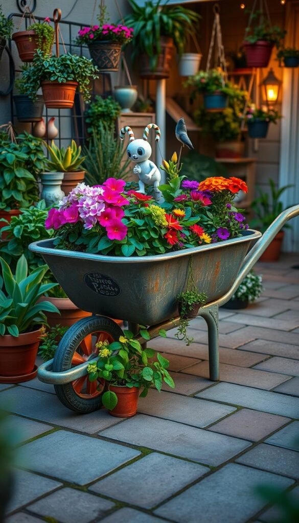 A well-curated mobile garden with a repurposed wheelbarrow as the centerpiece, overflowing with vibrant flowers and lush greenery. The wheelbarrow sits on a paved patio, surrounded by a variety of potted plants, hanging baskets, and quirky garden decor. Soft, warm lighting casts a cozy glow, creating an inviting and whimsical atmosphere. The scene is captured from a low angle, highlighting the creative use of vertical space and the unique visual appeal of the mobile garden elements. The overall composition emphasizes the concept of transforming small spaces into lush, personalized outdoor oases.