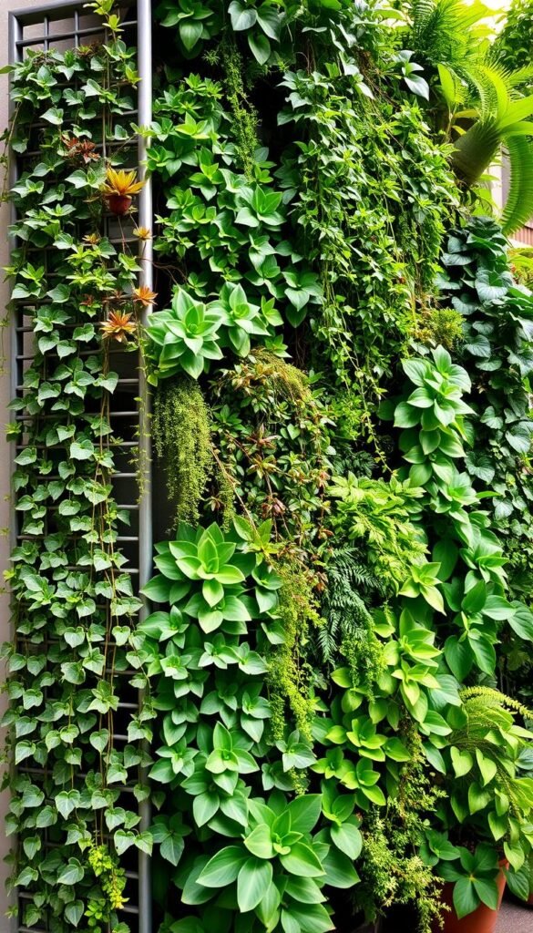 A well-curated selection of lush, thriving vertical garden plants arranged in a vibrant and harmonious display. The foreground showcases a variety of trailing succulents, ferns, and ivy cascading down a sleek, modern trellis. The middle ground features a mix of compact, upright plants like zz plants, snake plants, and philodendrons, their foliage creating a visually interesting layered effect. In the background, taller, bushy specimens like pothos and monstera add depth and texture, bathed in soft, natural lighting that accentuates the plants' diverse hues and patterns. The overall scene evokes a sense of tranquility and urban oasis, perfectly suited for a city apartment's vertical garden.