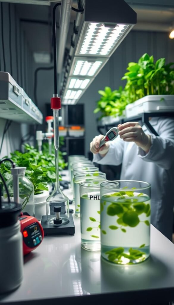 A well-equipped hydroponic laboratory, a countertop filled with scientific instruments and glass containers, filled with a nutrient-rich, crystal-clear solution. A technician in a white lab coat carefully measures the pH and electrical conductivity, ensuring optimal conditions for healthy plant growth. Soft, diffused lighting illuminates the scene, creating a sense of precision and care. The overall atmosphere is one of scientific inquiry and dedication to cultivating thriving hydroponic systems.